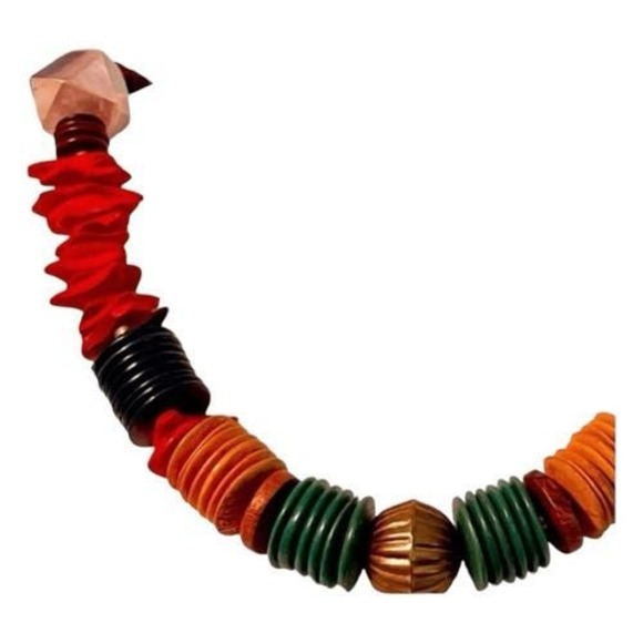 Vintage 90s Beaded Necklace Rainbow Wood Stone Beads Chunky Copper Tone Metal - Picture 3 of 5